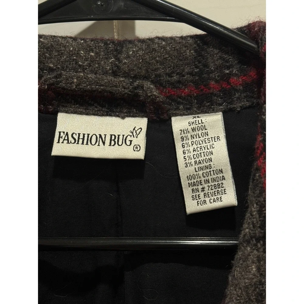 Vintage Fashion Bug Plaid Jacket Women XL Burgundy Wool Blend Barn‎ Jacket Coat